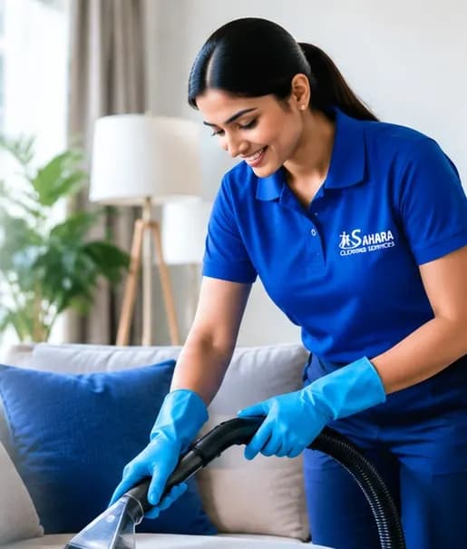 Sahara technician using an upholstery extraction machine on a sofa