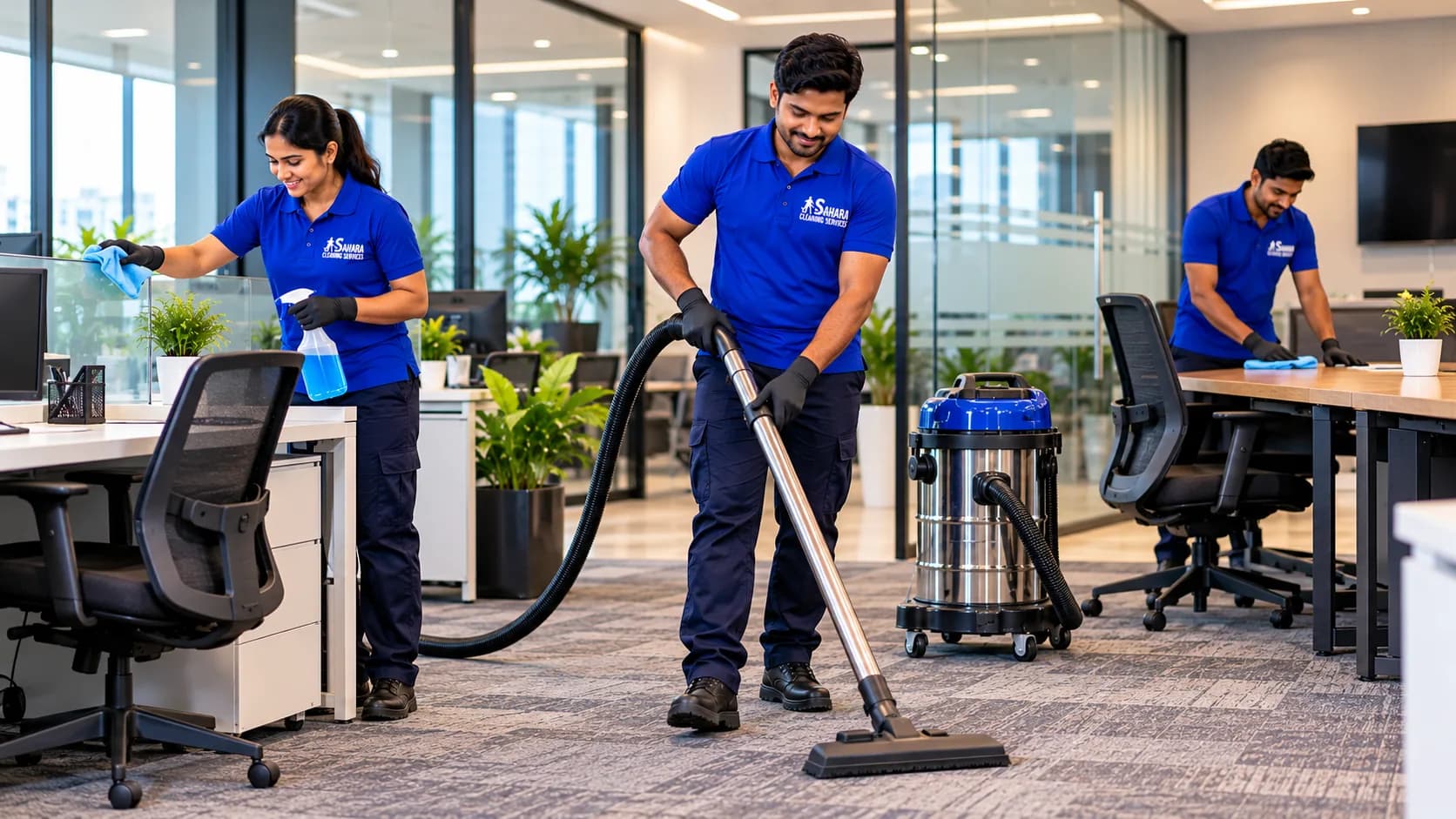 Sahara team in Royal Blue uniforms vacuuming carpet and wiping desks in a Pune office