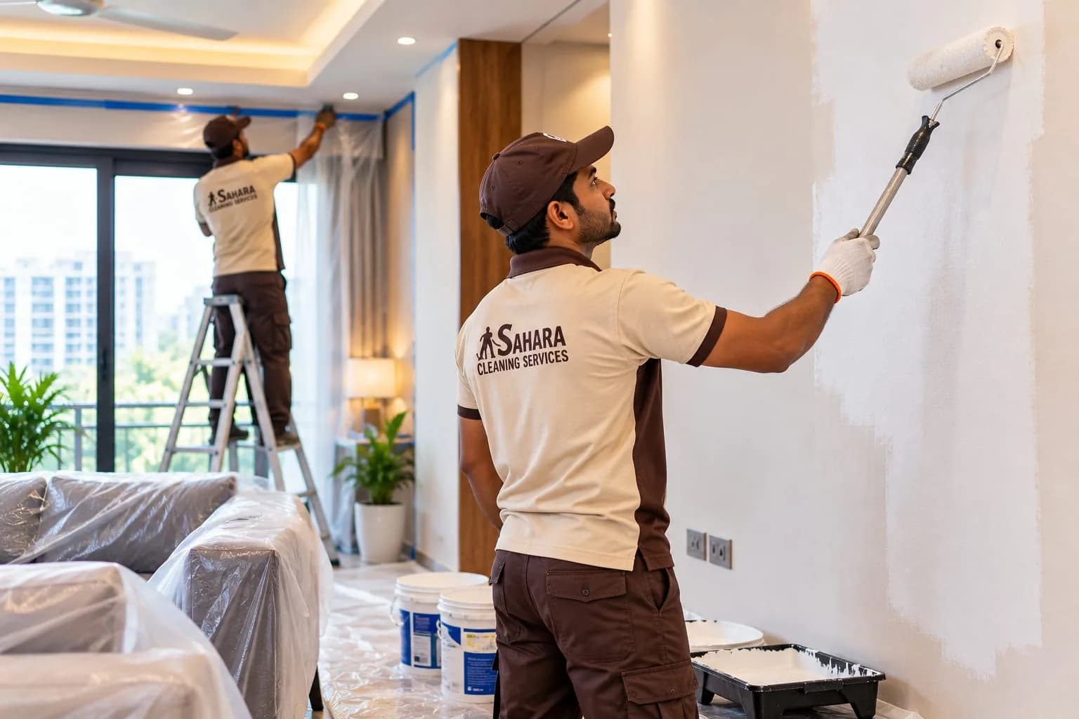 Sahara painters rolling and taping a living-room wall in Pune