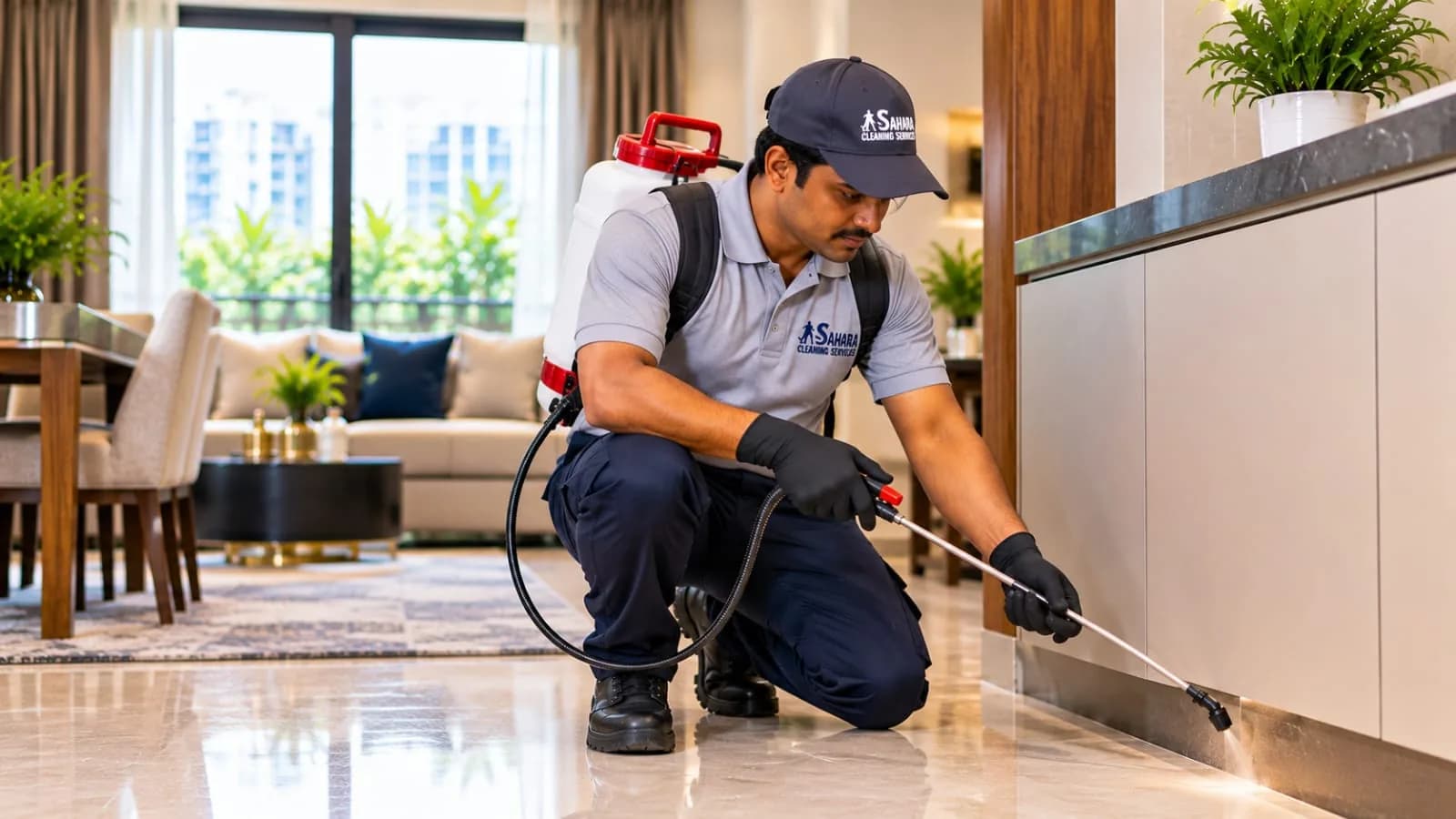 Sahara pest control technician spraying along kitchen cabinet edges in Pune