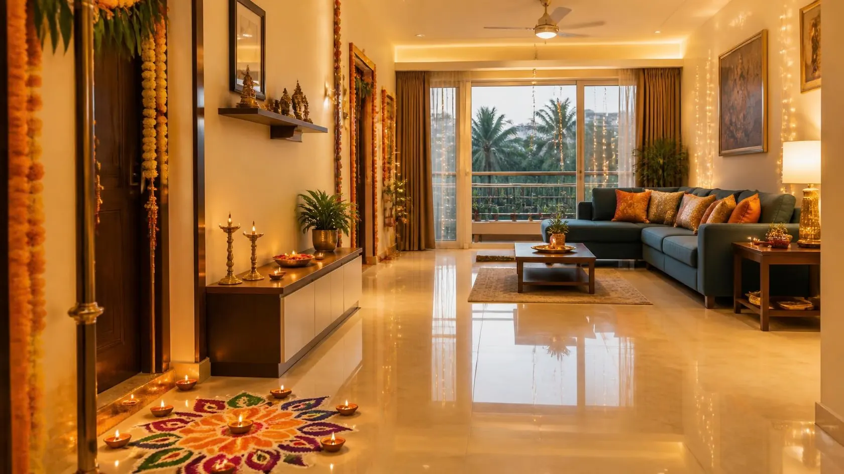 Festively decorated, freshly cleaned living room with diyas and marigold garlands